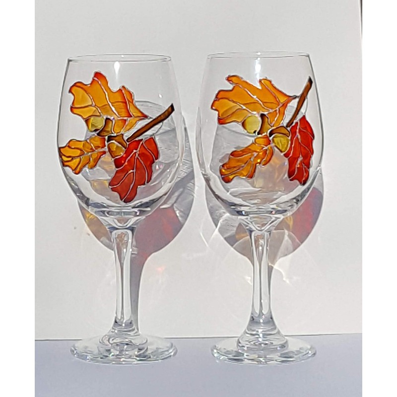 Oak Leaves Acorns Hand Painted Wine Glasses Set of 2