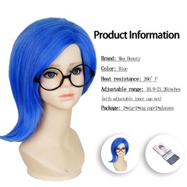 LABEAUTÉ Blue Short Wigs with Black Glasses for Girl Boy Unisex Child + Wig Cap, Kid Synthetic Wig for Costume Party + Cap