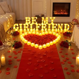 Grinsvalley Be My Girlfriend Light up Letters Proposing Decorations Set Includes 13 ft Carpet Runner 14 LED Light Letters 2000 Rose Petals for Anniversary Decorations