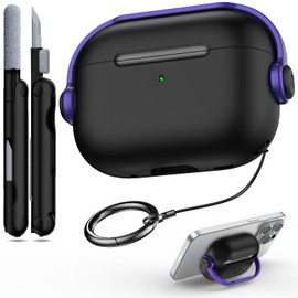 R-fun Compatible with Airpods Pro 2nd/1st Generation Case Cover (2022/2019) with Secure Lock, Music Headset Earphone Protective Case with Cleaning Kit Compatible with Airpods Pro case,Black & Purple