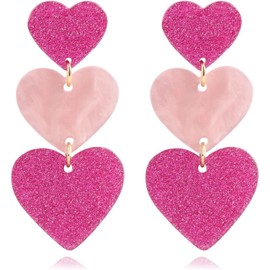 Sonateomber Pink Triple Heart Dangle Valentine Earrings for Women - Statement Lover Trendy Lightweight Long Fuschia Hearts Drop Earings Sparkly Costume Prom Wedding Valentines day Jewelry Gift