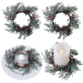 2 Pcs Christmas Candle Rings Wreaths Pine Tree Red Berries Garland Candle Rings Candlestick Artificial Hanging Garlands for Wedding Pillars Centerpiece Holiday Wall Table Door Decoration