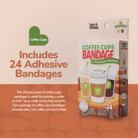 BioSwiss Bandages, Coffee Cup Shaped Self Adhesive Bandage, Latex Free Sterile Wound Care, Fun First Aid Kit Supplies for Kids, 24 Count