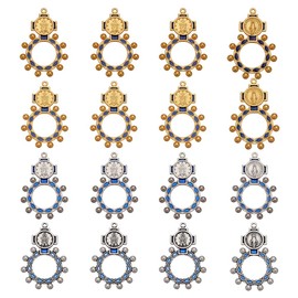 FINGERINSPIRE 16Pcs Finger Rosary Ring Catholic for Baptism 4 Colors Tibetan Style Alloy Pendants Round with Pattern for Prayer, Gifts, and Religion Jewelry for Catholics and Christians