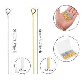Yumttero 200 Pcs 50mm/2 Inch 21 Gauge Straight Eye Pins for DIY Craft Earring Bracelet Necklace Pendant Jewelry Making (Platinum & Gold Color)