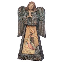 Joseph's Studio by Roman - Angel Figure with Holy Family, The Tile Art Collection, 9.5" H, Resin, Stone and Cement, Tabletop or Desk Display, Decorative