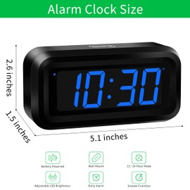 KWANWA Small Digital Alarm Clock, 1.2inch Dark Blue LED Digits, Adjustable Brightness, Dim Night Model, 12H/24H, Battery Operated, Wall Mount, Snooze, Clock for Kids Bedroom, Small Travel Clock