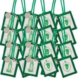 Needzo Wool-Backed Green Scapulars Catholic, Dual Paneled Scapular with Image of The Pierced Heart and Our Lady with Silver Tone Medals, 17.25 Inches (12 Pack)