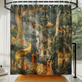 KAIRA Art Deco Jaipur Garden Shower Curtain, Indian Painting Style Bathroom Decor, 72x72 Waterproof Fabric Curtain with Hooks, Vintage Floral Boho Bathroom Curtain