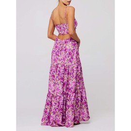 ABYOVRT Women Floral Maxi Dress Tie Front Cut Out Backless Boho Spaghetti Strap Summer Beach Sundress (Purple,S)