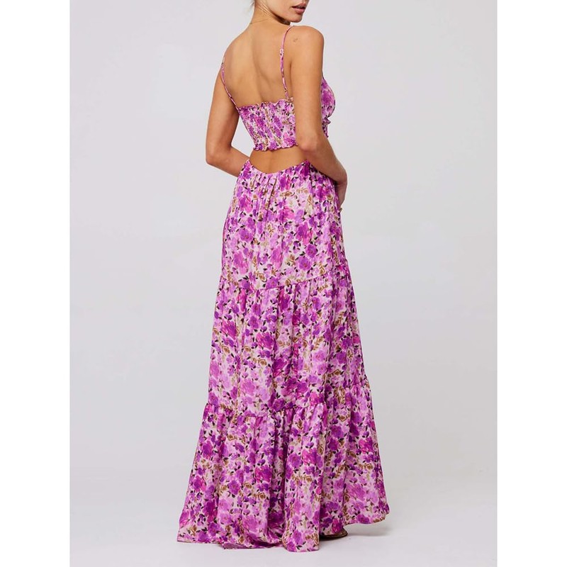 ABYOVRT Women Floral Maxi Dress Tie Front Cut Out Backless