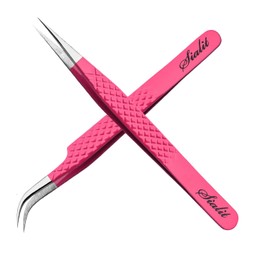 SIALIT Eyelash Tweezers - for Eyelash Extensions, Pro Level Straight and Curved Tweezers, Set of 2 Pcs, Pink Stainless Steel Tweezers to Boost Your Lash Creativity
