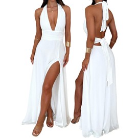 XinFSh Women's Halter V Neck Wedding Guest Maxi Dress Sexy High Slit Bow Tie Beach Vacation Long Formal Dresses White
