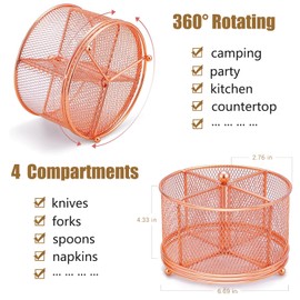 DysanVica 360 Rotating Metal Utensil Caddy - 4 Compartment Silverware Cutlery Holder Fork Spoon Napkin Organizer Flatware Storage Basket Party Countertop Buffet Picnic Camping Outdoor Rose Gold Pink