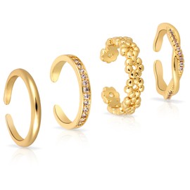 Mikovivi 4pcs Adjustable Toe Rings for Women, 4 Styles Non-Tarnish Diamond Flower Plain Open Toe Ring Beach Foot Jewelry for Women (Gold)