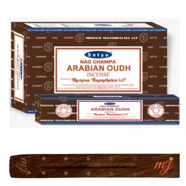 Original Satya Nag Champa Arabian Oudh Incense Sticks | with M&J incense sticks holder | Full Box | for Aromatherapy, Spa, Yoga, Weddings, Meditation, Healing, Positivity and Relaxation