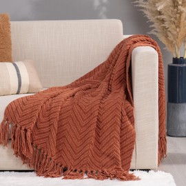 RECYCO Knit Chenille Throw Blanket, Textured Knitted Throw Blankets w/Tassels, Decorative Warm Soft Woven Throw for Couch Bed Chair, Rust, 60x80 in