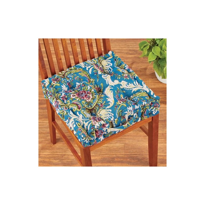 Collections Etc Thick Padded Tapestry Booster Tufted Chair Cushion Blue