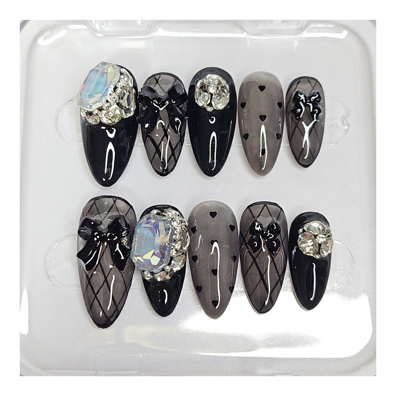 Black see-through handmade nail tips - long stiletto / 블랙
