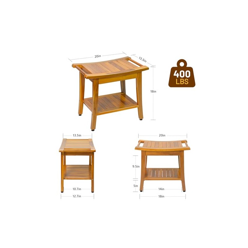 20" Premium Teak Shower Bench with Shelf & Handle, Solid
