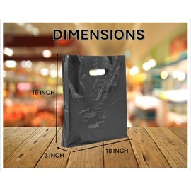 50 Pack Black Plastic Carrier Bags - 38cm x 46cm + 7cm, Patch Handle Reusable bag, Ideal for Boutiques Clothes, Jewellery, Gifts, Retail and Shopping.