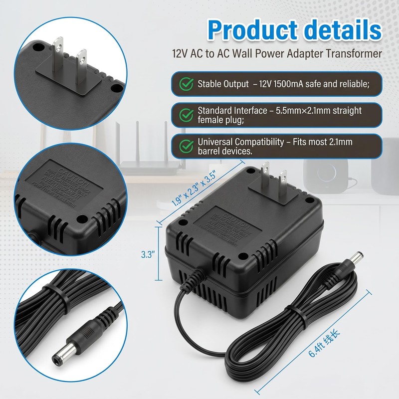 AC to AC Wall Adapter Transformer 12V Straight 2.1 mm