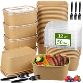 TINSKY 50 Pack 32 Oz Large Paper Bowls with Lids and Forks, Cardboard Take Out To Go Meal Prep Containers Disposable Compostable Food Containers for Party