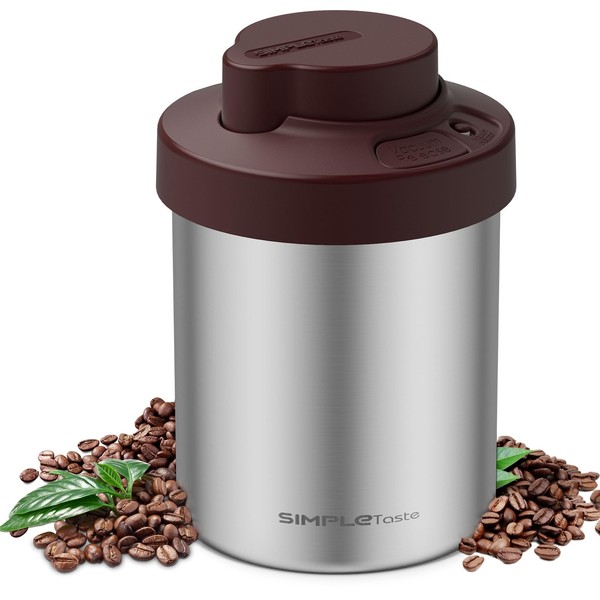 SIMPLETASTE Coffee Canister, One-Piece Press Vacuum Sealed Storage Container, Airtight Stainless Steel Kitchen Food Jar with Date Tracker for Beans, Grounds, Tea, Cereal, Sugar, 44OZ
