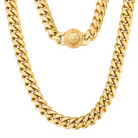 KRKC&CO 12 mm Men's Curb Chain with Lion Head/Skull Clasp, 18K Gold Plated Cuban Link Chain, Stainless Steel Miami Cuban Link Chain, Hip Hop Necklace for Men Boys [Size 46-61 cm], stainless steel