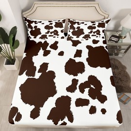 Cow Print Flat Sheet Adult Women Brown Wild Animal Highland Cow Fur Print Bedding Set Africa Animal Fitted Sheet Milk Cow Farm Sheet Sets Exotic Tribal Style Sheets Deep Pocket, Full Size