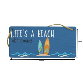 Surfing Beach Plywood Hanging Sign - Idea for Couples, Mum, Dad - Positive Message: Life's a Beach, Ride the Waves - Sign for Bedroom, Kitchen, Living Room - Home Decor (smlsgn-ds23-ridewave)