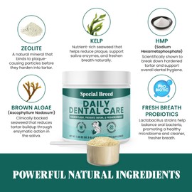 Dog Teeth Cleaning Powder – Natural Dog Dental Powder for Tartar Control, Fresh Breath & Gum Health – Daily Plaque Remover with Zeolite, Brown Algae, Probiotics & Rosemary – 90 Scoops