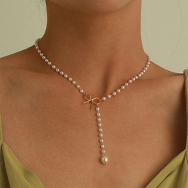 Lariat Necklace for Women Pearl Y-Shape Necklace Gold Herringbone Necklaces Vintage Pearl Necklaces for Women