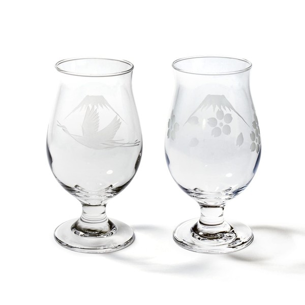 [Takero Koubou Official Direct Sale] Edo Kiriko Mt. Fuji Cranes & Cherry Blossom Beer Glasses, Pair (Transparent) TB0044-32/0044-33, Comes in a Gift Box, Made in Japan