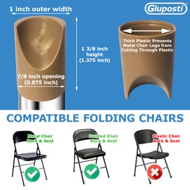 8 Beige Folding Chair V-Tip Stabilizer Caps, 7/8 Inch ID - Heavy Duty Nylon End Caps, Non-Marring Round Top of Leg Protectors, Compatible Replacement Stability Plugs for Metal & Padded Folding Chairs