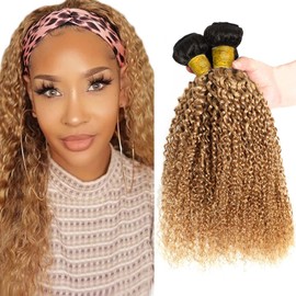 Ombre 1B27 Human Hair Bundles Honey Blonde Curly Wave Bundle Brazilian Remy Hair 3 Bundles Double Weft Honey Blonde Extensions 20 22 24 Inch For Women