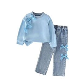 HSOXLQF Kids Toddler Girl Long Sleeve Dropped Shoulder Bow Sweatshirt & Denim Straight Leg Jeans Pants Fall Winter Outfits Set(4-5T)