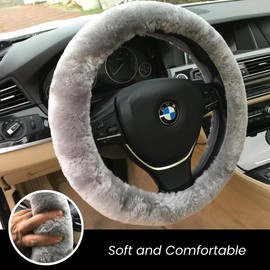 Andalus Brands Australian Sheepskin Steering Wheel Cover, Anti-Slip Universal 15 Inch Fuzzy Steering Wheel Cover Offers a Plush Velvet-Like Touch, Eco-Friendly Fluffy Steering Wheel Cover (Grey)