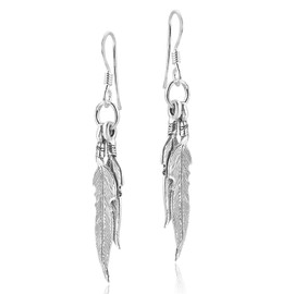 Amazing Double Feather .925 Sterling Silver Dangle Earrings