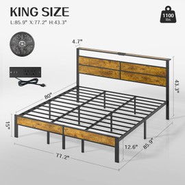 Liians King Size Bed Frame with USB Type C Charging Station Headboard, Smart LED Lights, Metal Platform Noise Free, No Box Spring Needed, Easy Assemably