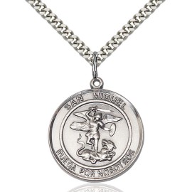 Bliss Sterling Silver San Miguel Arcangel Medal Pendant Necklace 24" Chain GiftBox