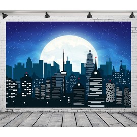 CORFOTO Cartoon Super City Backdrop for Superhero City Themed Party Supplies Skyline City Background Kids Boys Birthday Banner Urban Night Moon City Buildings Backdrops Super Hero Photo Studio Props
