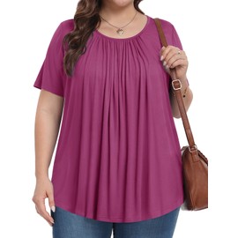 Womens Plus Size Tops Summer Shirts Tunic Short Sleeve Crew Neck Loose Fit Blouse Purple Red 3X