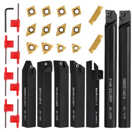 Indexable Lathe Turning Tool 5/8" 16mm Shank 21PCS Kit-7PCS Metal Lathe Tools Holder 14PCS Carbide Insert for Turning Boring Grooving Cutting Threading