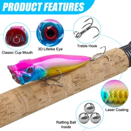 Popper Fishing Lures Topwater Fishing Baits, 8pcs Bass Lures Hard Baits Topwater Popper Lures Lifelike Swimbait for Bass Trout Freshwater Saltwater