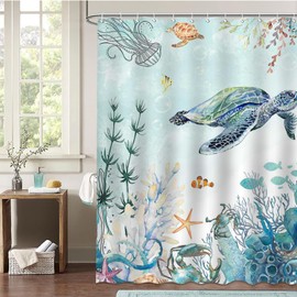 Avezano Sea Turtle Shower Curtain Nautical Biological Blue Ocean Turtles Octopus Coral Seahorse Bathroom Curtain Waterproof Bathtub Curtain Decor with 12 Hooks 72 X 72 Inches