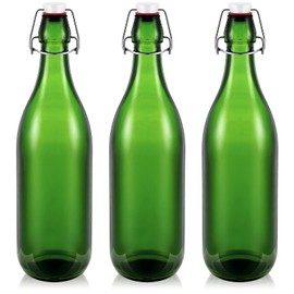Teenyyou 3 Pcs Green Flip Top Glass Bottle 1 l / 33.75 oz Green Glass Water Bottles with Airtight Lid for Homemade Wine DIY Make Your Own Drinks,Decorative Bottles