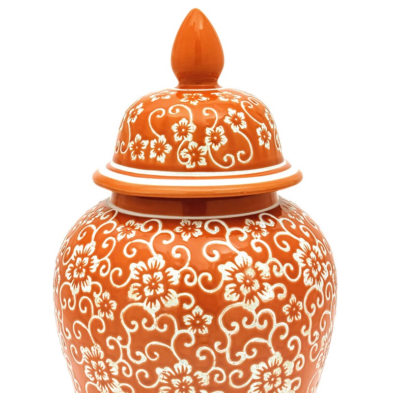 Red Lantern 18" White Flowers on Orange Temple Jar