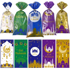 Lhocm Lhocm Eid Mubarak Bags, 120 Pcs Ramadan Kareem Cellophane Treat Bags, Eid Mubarak Candy Bags for Gifts, Eid al-Adha Muslim Castle Moon Star Plastic Cellophane Goodie Favor Bag for Eid Party Supplies