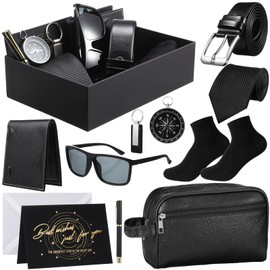 Geyoga 12 Pcs Men Birthdays Gift Set with Box for Men Dad Basket PU Leather Wallet Leather Toiletry Bag Tie Socks Belt Keychain Sunglasses Pen Compass Set(Black)
